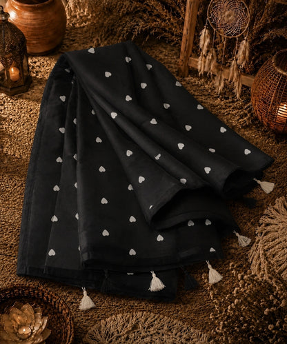 Black Mul Cotton Embroidery Saree with White Buti Motifs & Tassel Pallu