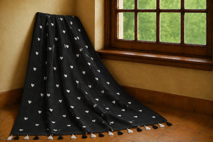 Black Mul Cotton Embroidery Saree with White Buti Motifs & Tassel Pallu