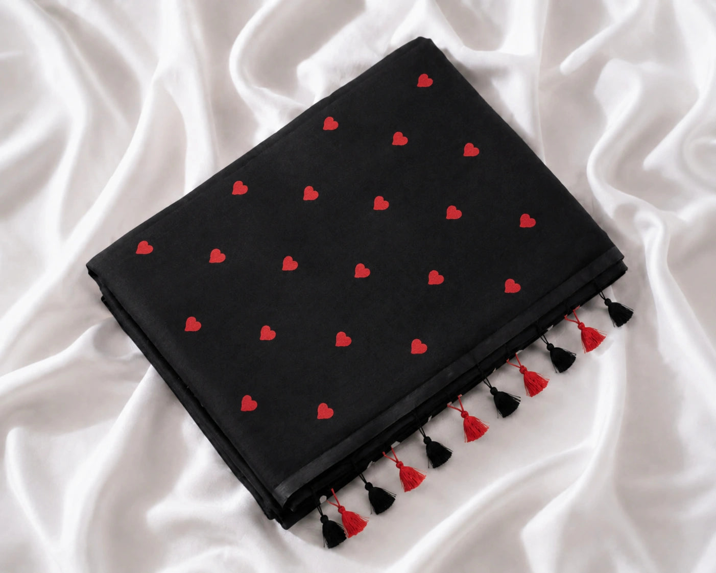 Black Mul Cotton Embroidery Saree with Red Buti Motifs & Tassel Pallu