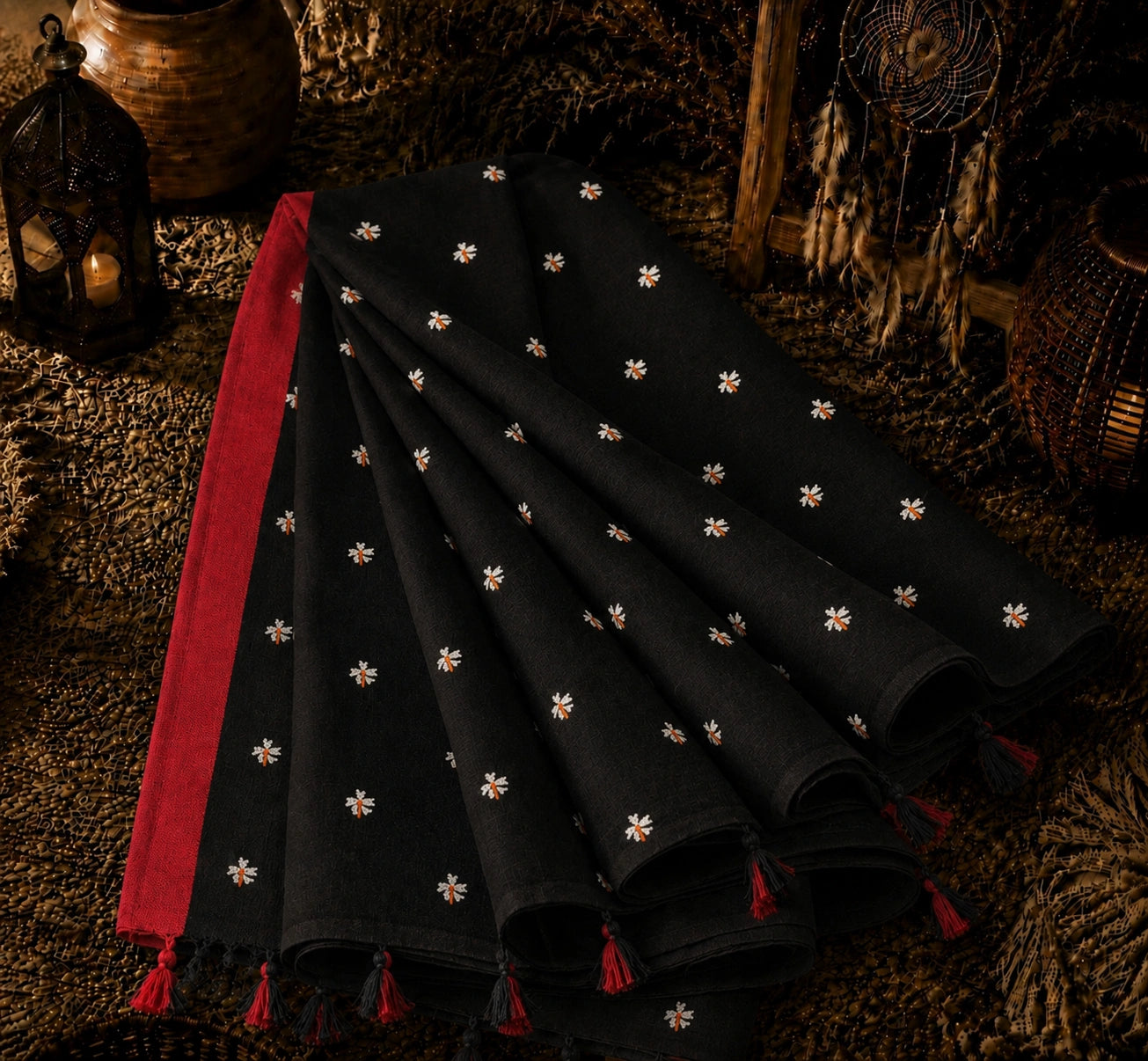 Black Cotton Handloom Saree with White Floral Buti Motifs, Red Border & Tassel Pallu