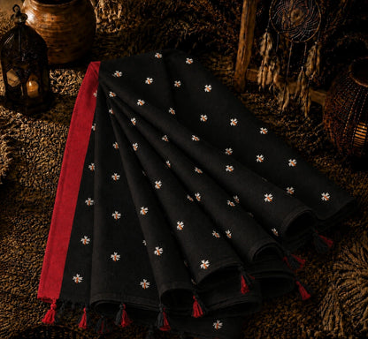 Black Cotton Handloom Saree with White Floral Buti Motifs, Red Border & Tassel Pallu
