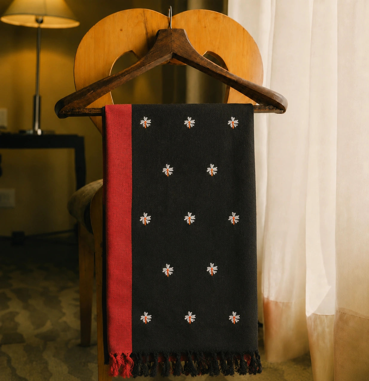 Black Cotton Handloom Saree with White Floral Buti Motifs, Red Border & Tassel Pallu