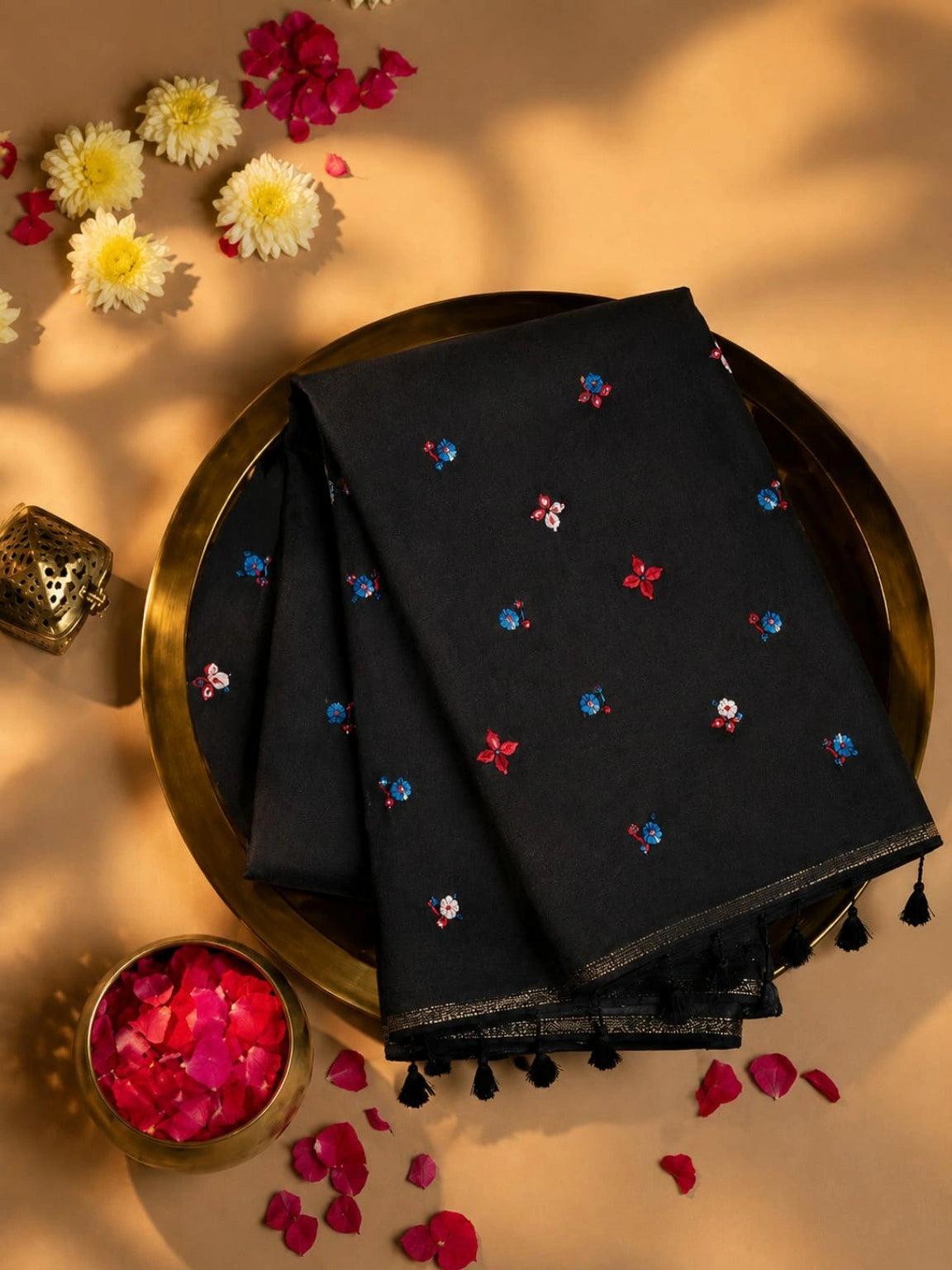 Black Mul Cotton Embroidery Saree with Multicolor Floral Buti & Tassel Pallu