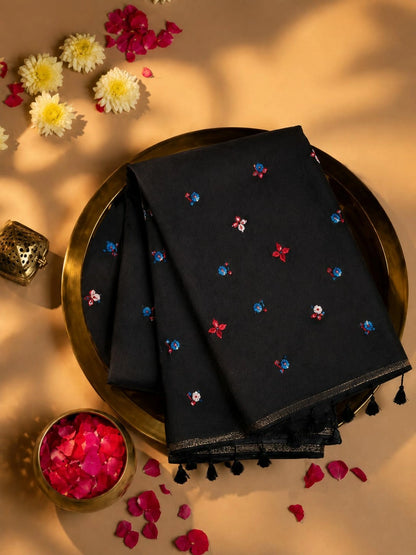 Black Mul Cotton Embroidery Saree with Multicolor Floral Buti & Tassel Pallu