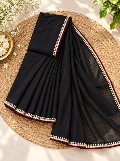 Black Vichitra Silk Saree with AD Stone Work Border
