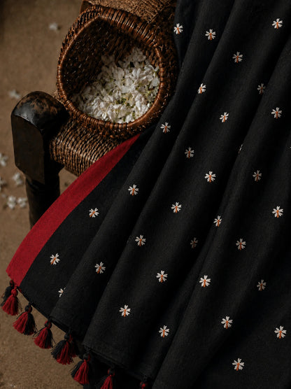 Black Cotton Handloom Saree with White Floral Buti Motifs, Red Border & Tassel Pallu