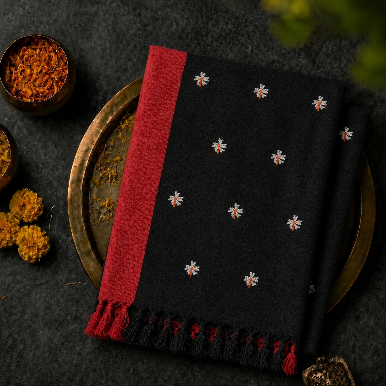 Black Cotton Handloom Saree with White Floral Buti Motifs, Red Border & Tassel Pallu