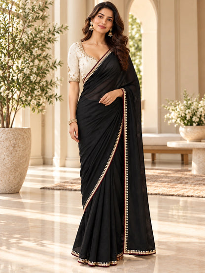 Black Vichitra Silk Saree with AD Stone Work Border