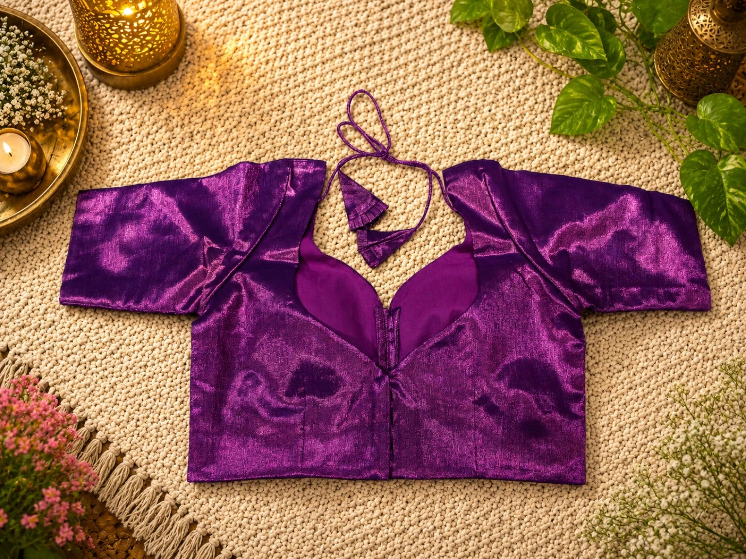Handloom Tissue Glass Sleeves Deep Purple Designer Blouse