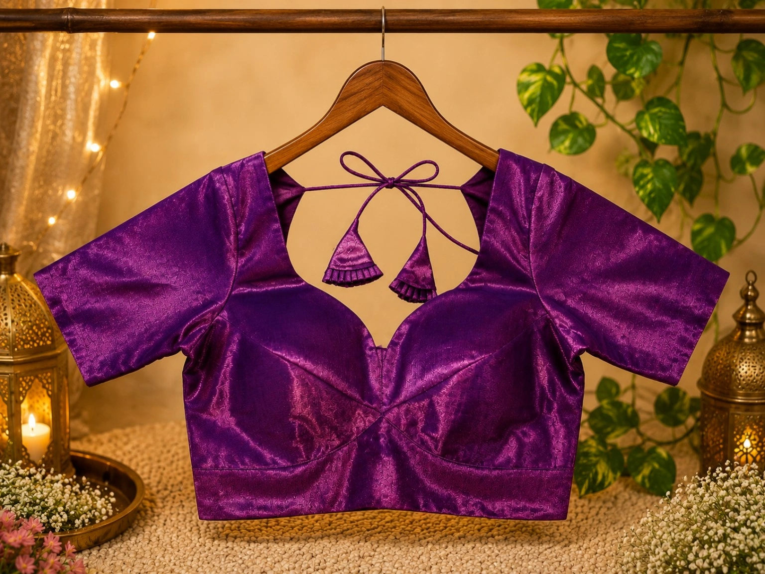 Handloom Tissue Glass Sleeves Deep Purple Designer Blouse