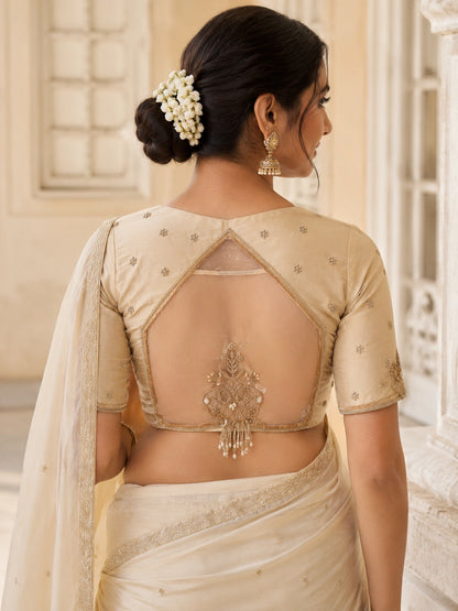 Beige Raw Silk Bridal Ari Work Embroidered Sweetheart Neck Blouse for Wedding & Festive Wear