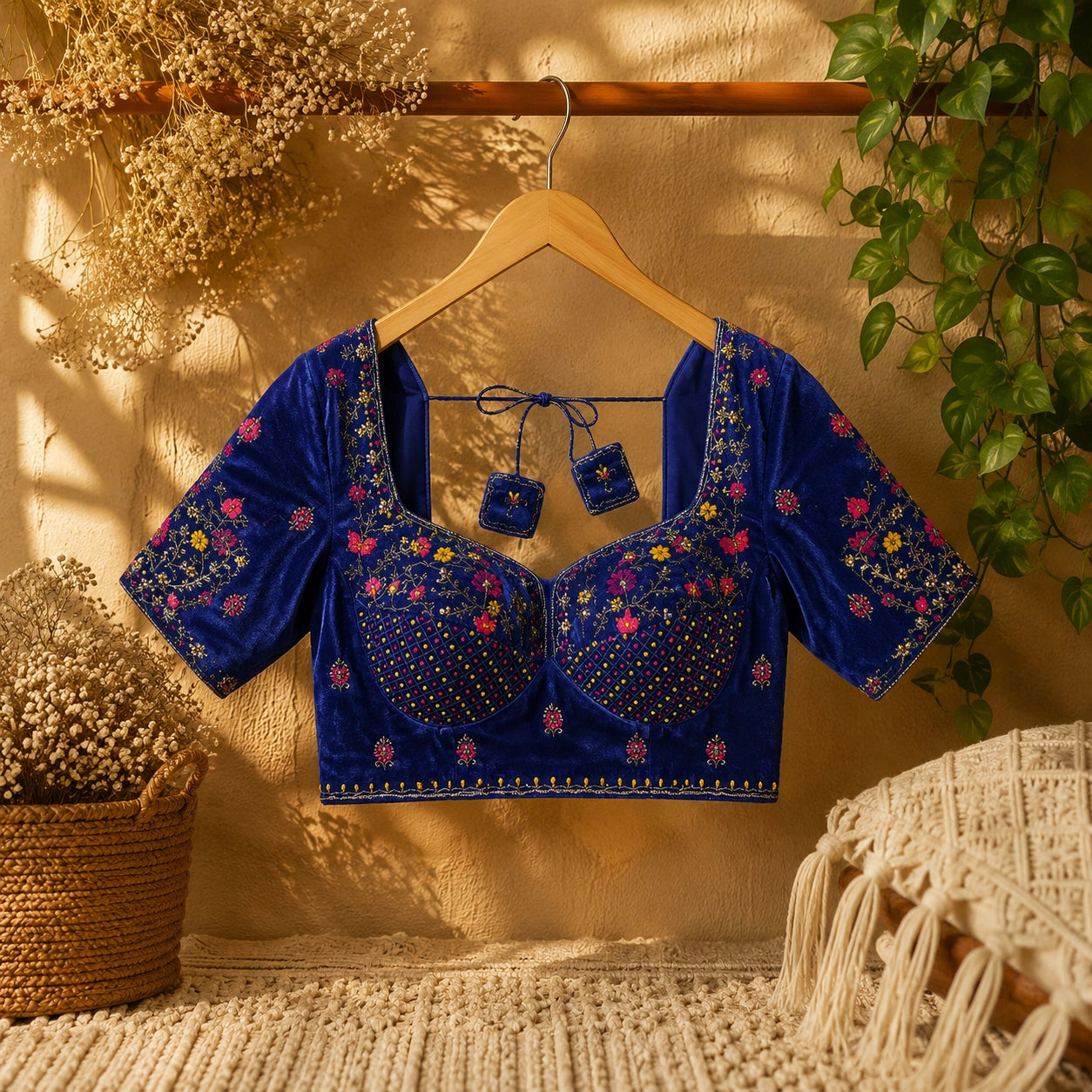 Royal Blue Velvet Ari Work Sabyasachi Glass Sleeve Blouse for Women Floral Embroidered Bridal & Festive Ethnic Blouse