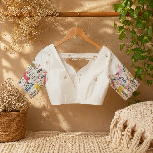 White Cotton Ramlella Floral Printed Sleeve Blouse with V-Neck