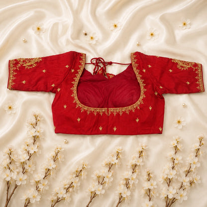 Maroon Raw Silk Bridal Ari Work Embroidered Blouse for Women V-Neck Festive Ethnic Wear