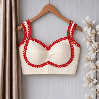 White Hakoba Cotton Sleeveless Padded Blouse with Red Lace Trim Sweetheart Neck
