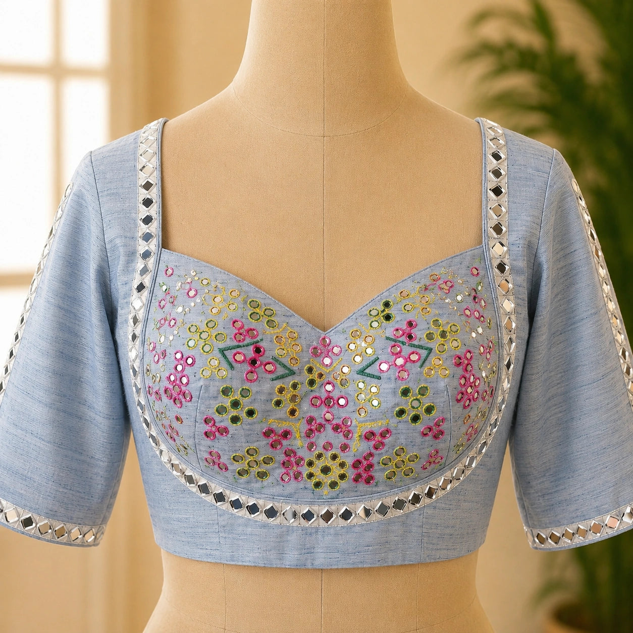 WEVOW Sky Blue Pure Cotton Hand Mirror Work Blouse for Women | Multicolor Glass Embroidery Festive & Ethnic Wear
