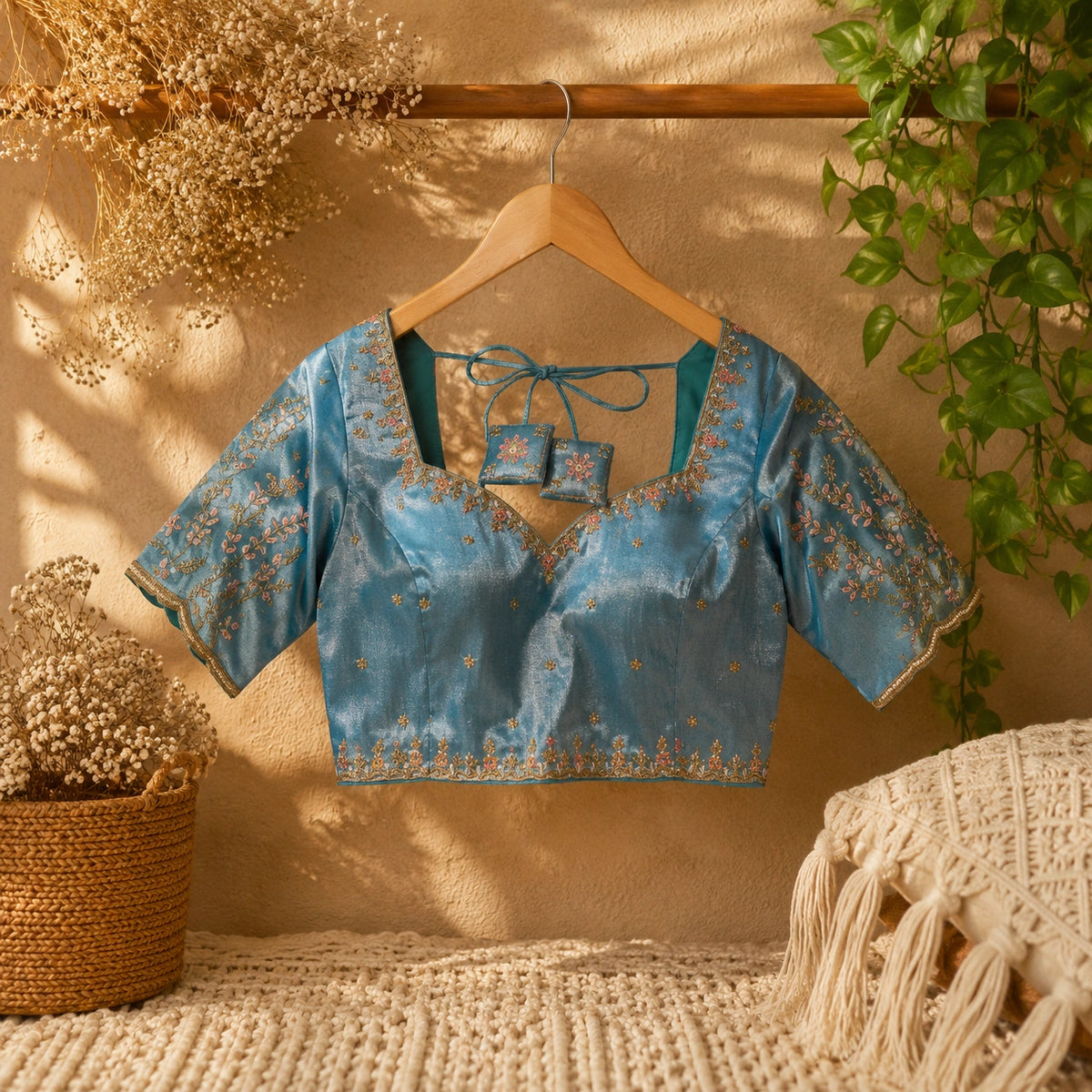 Sky Blue Tissue Ari Work Embroidered Glass Sleeve Blouse for Women Sweetheart Neck