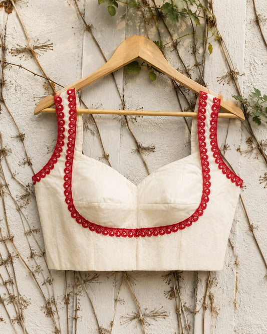 White Hakoba Cotton Sleeveless Padded Blouse with Red Lace Trim Sweetheart Neck