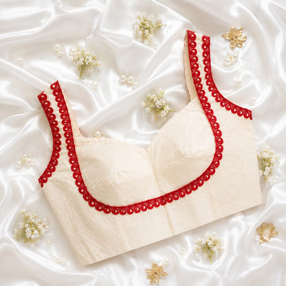 White Hakoba Cotton Sleeveless Padded Blouse with Red Lace Trim Sweetheart Neck
