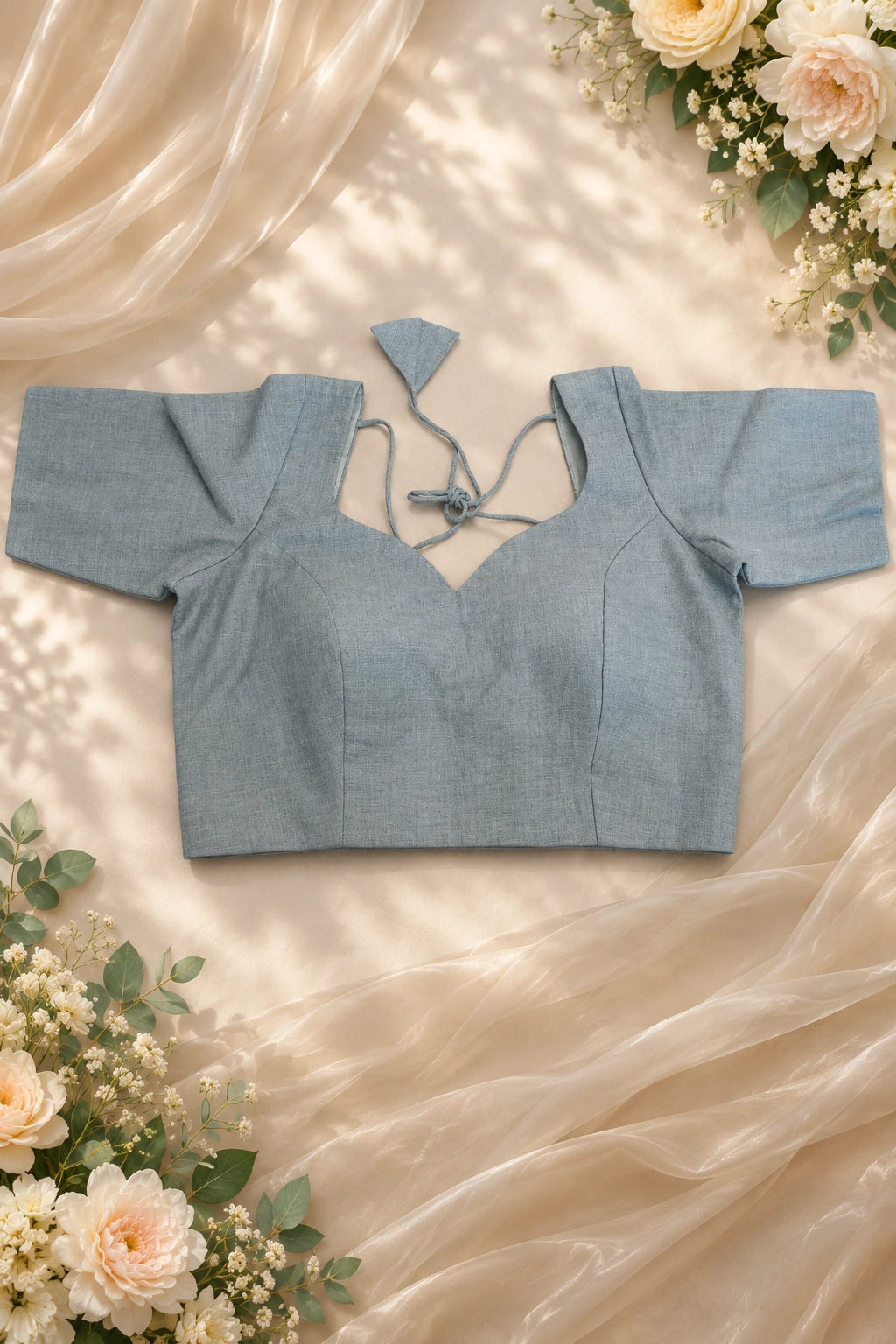 Blue Cotton Sweetheart Neck Short Sleeve Blouse for Women