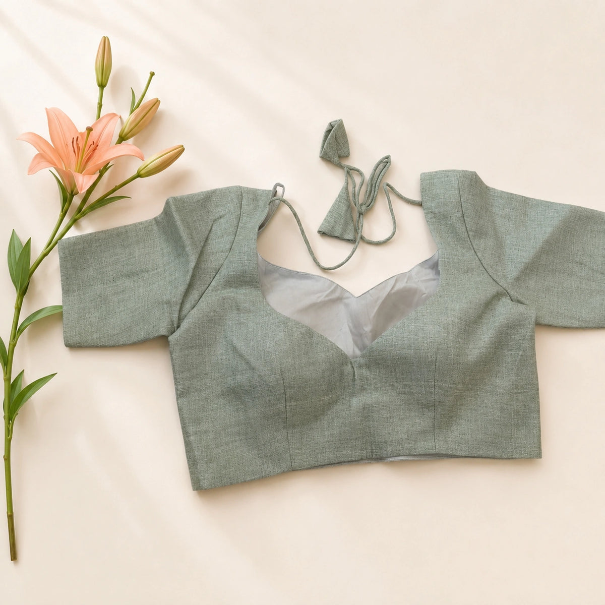 Sage Green Cotton Sweetheart Neck Blouse with Flared Elbow Sleeves
