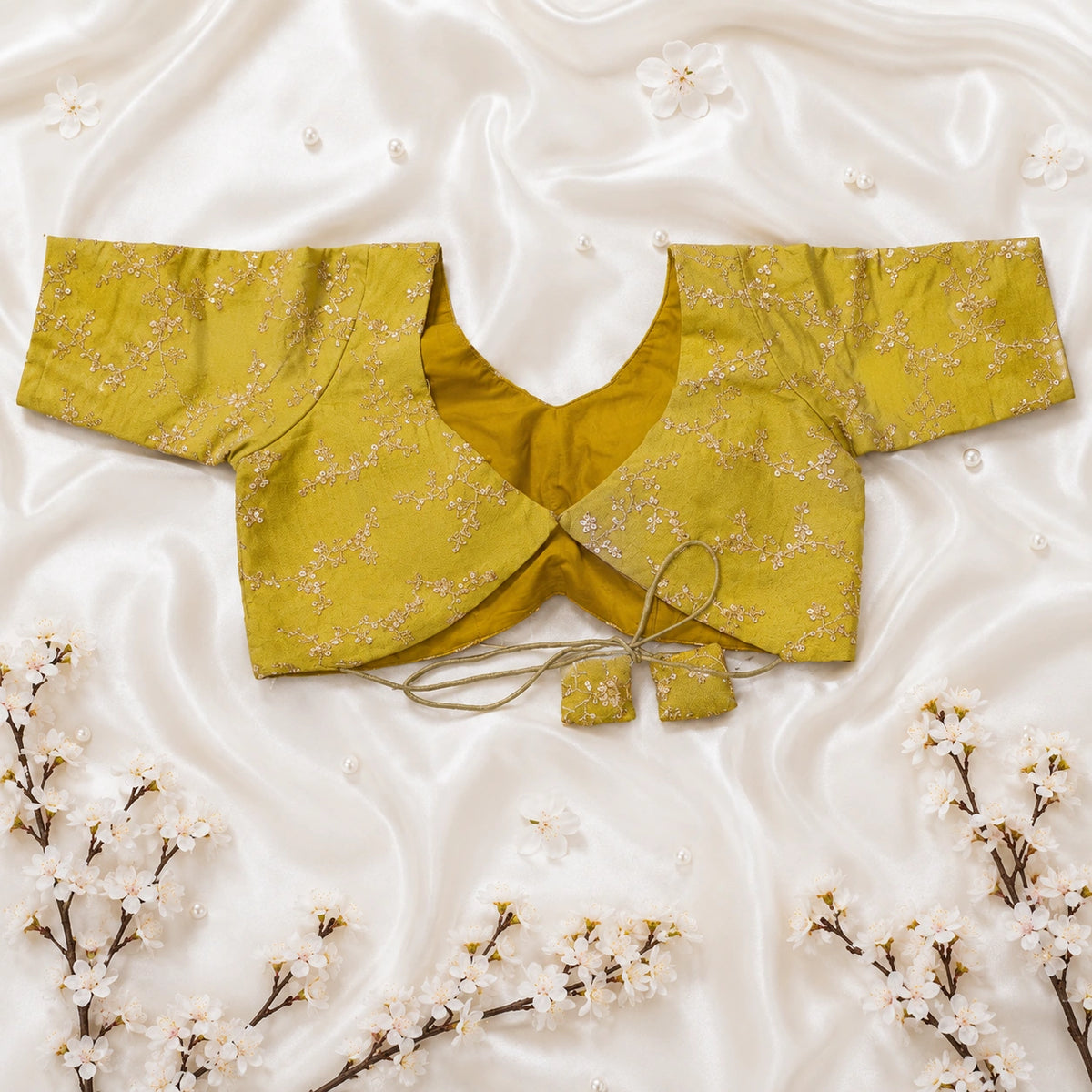 Light Green Shimmer Zari Work Backless Blouse for Women Sweetheart Neck
