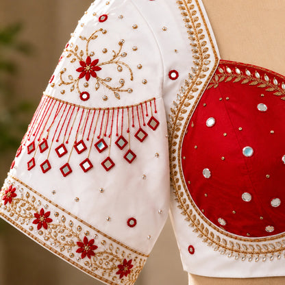 White Raw Silk Mumtaz Cut Ari Work Blouse with Mirror Embellishments & Sweetheart Neck