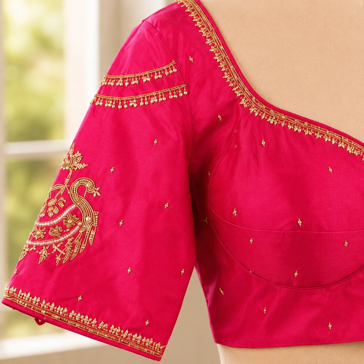 Bridal Sabyasachi Ari Work Rani Pink Blouse with Peacock Embroidery & Sweetheart Neck