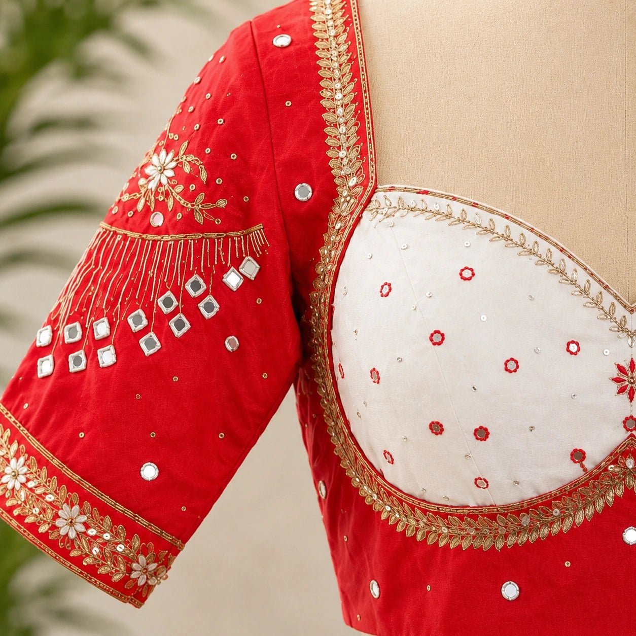 Red Raw Silk Mumtaz Cut Blouse with Ari Work, Mirror Embellishments & Sweetheart Neck