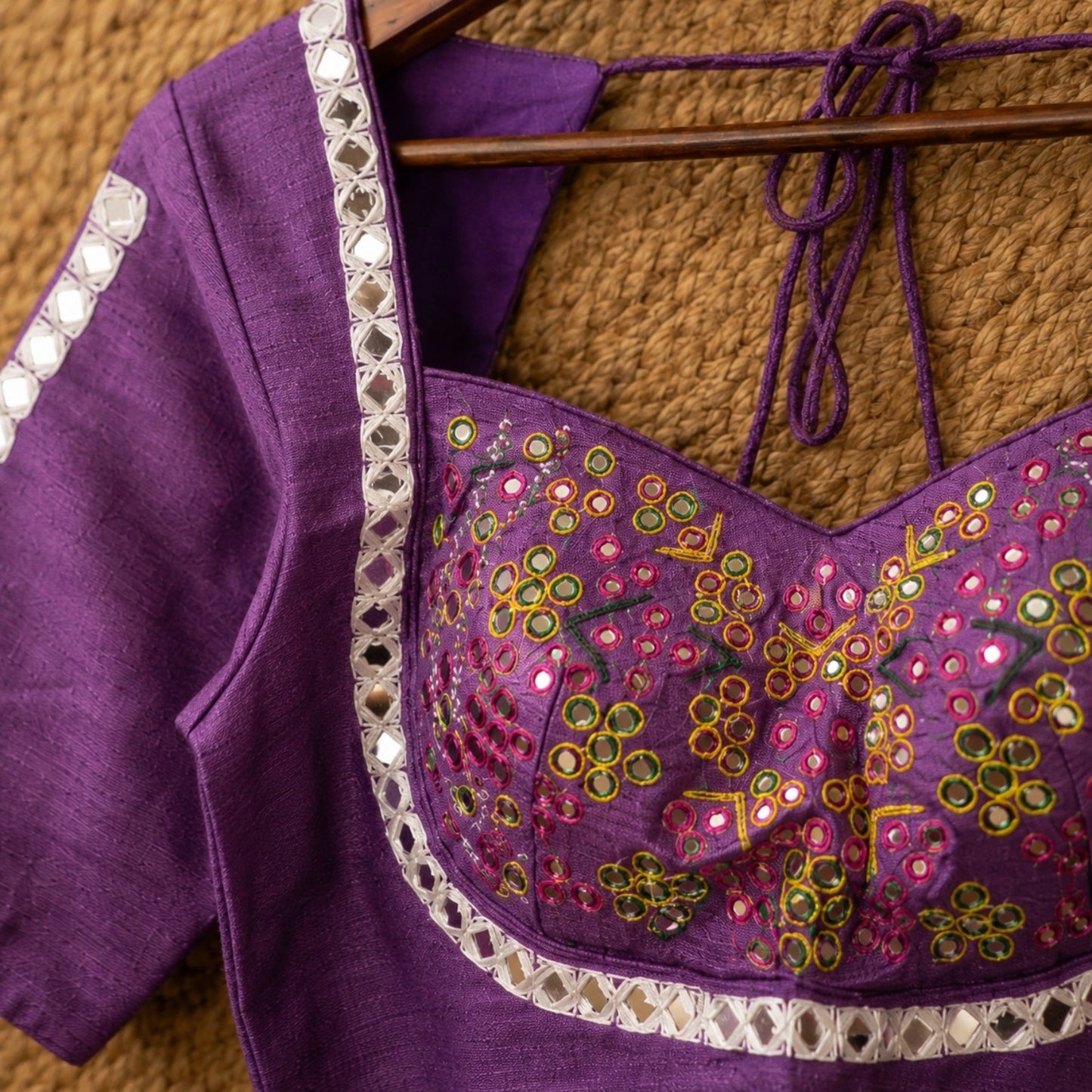 Purple Pure Cotton Handwork Mirror Work Blouse with Glass Embellished Sweetheart Neck
