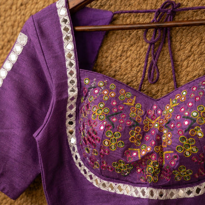 Purple Pure Cotton Handwork Mirror Work Blouse with Glass Embellished Sweetheart Neck