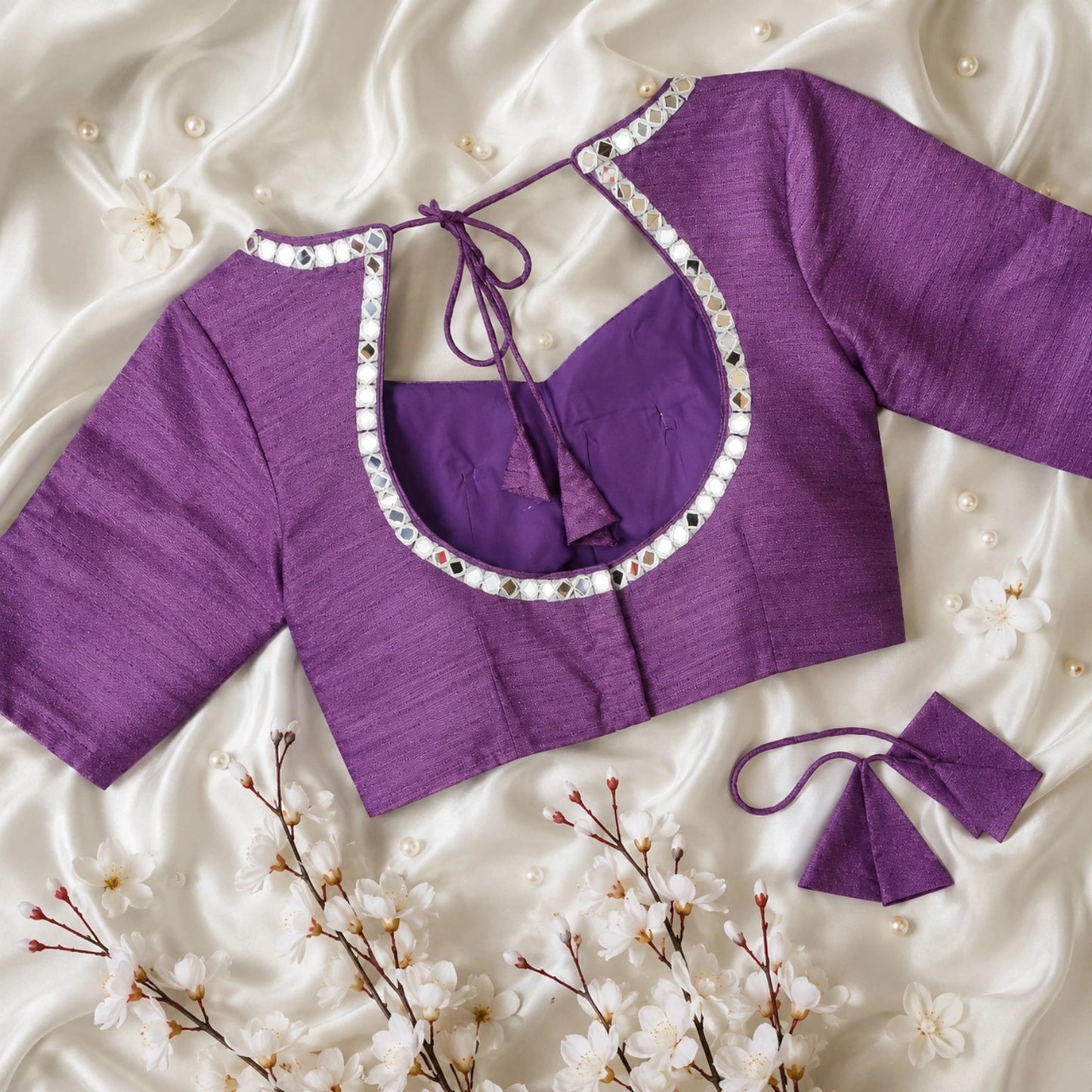 Purple Pure Cotton Handwork Mirror Work Blouse with Glass Embellished Sweetheart Neck