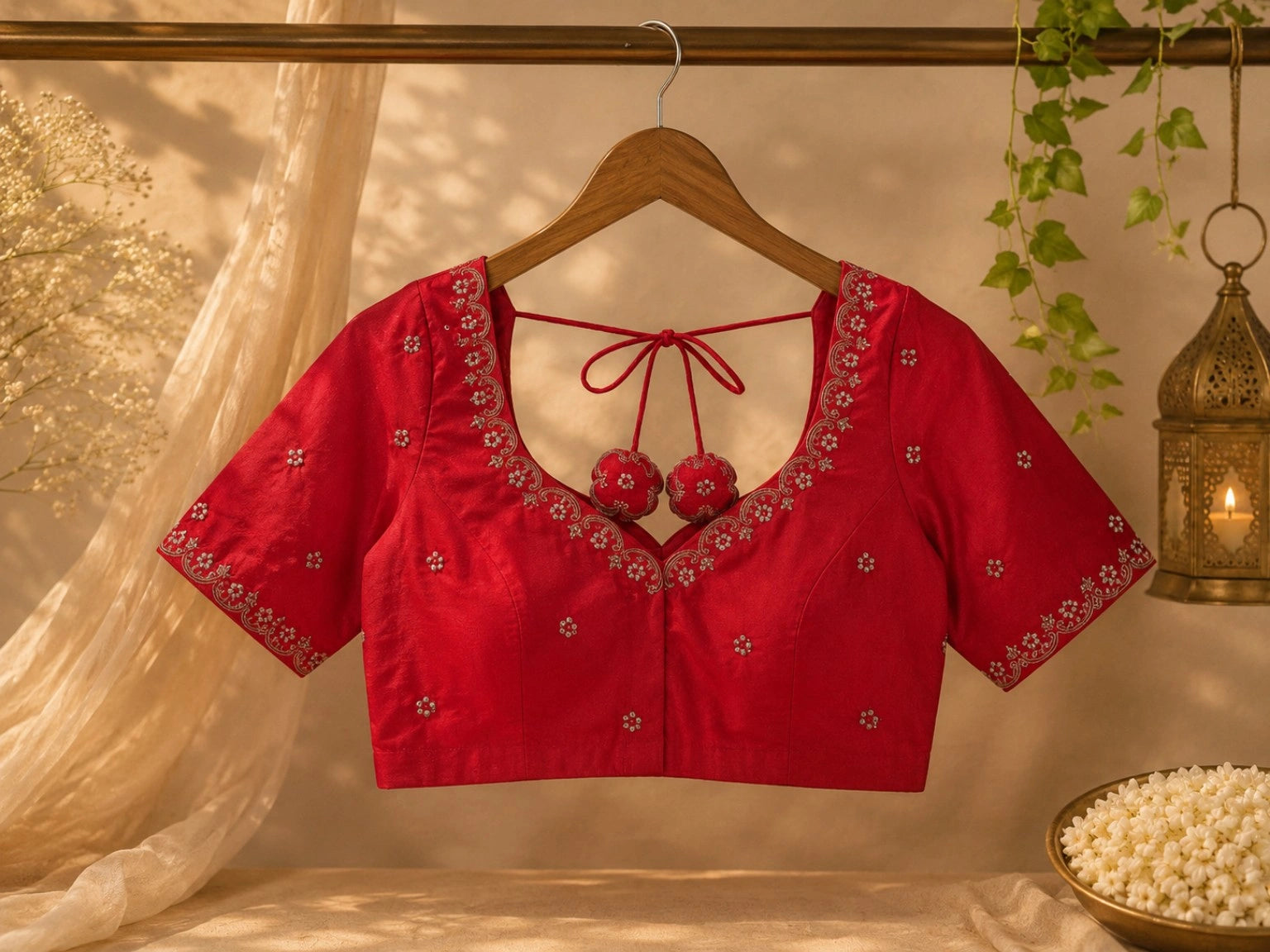 Red Raw Silk Zardozi Embroidered Back Tie-Up Designer Blouse for Wedding & Festive Wear