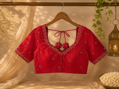 Red Raw Silk Zardozi Embroidered Back Tie-Up Designer Blouse for Wedding & Festive Wear