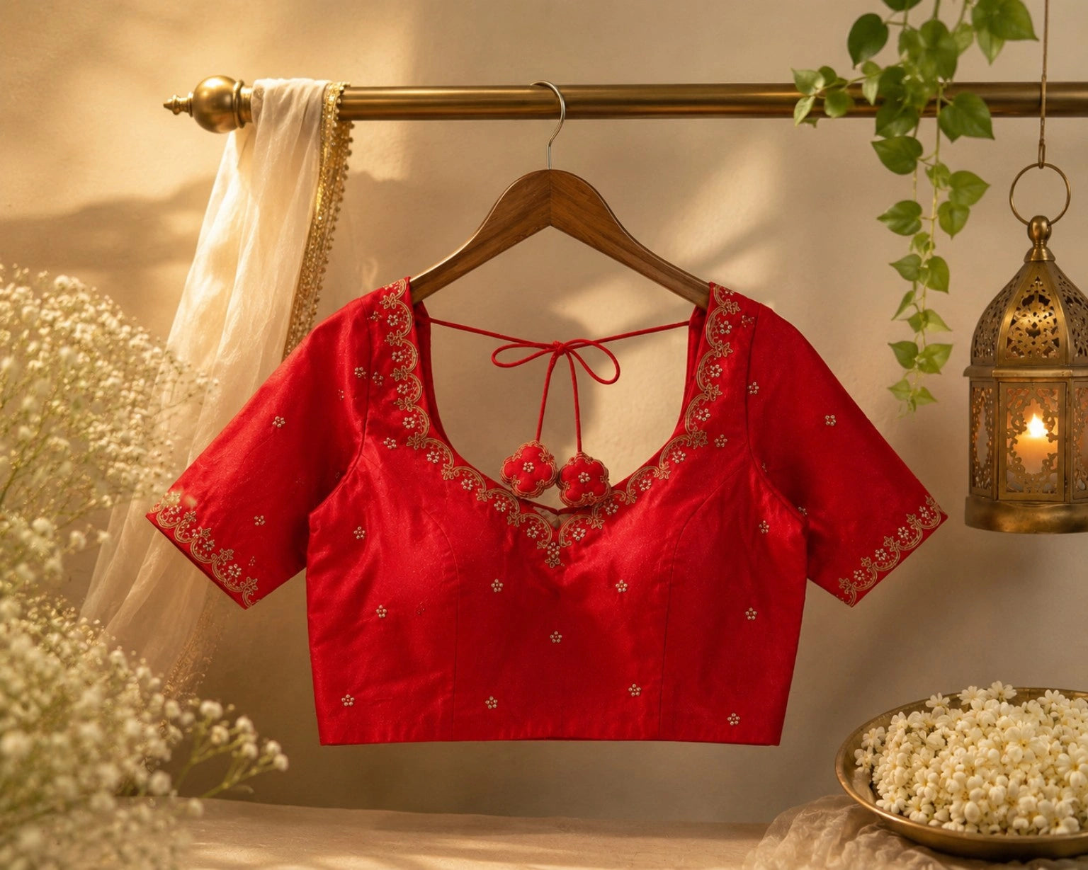 Red Raw Silk Zardozi Embroidered Back Tie-Up Designer Blouse for Wedding & Festive Wear