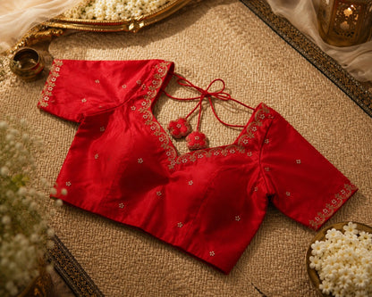 Red Raw Silk Zardozi Embroidered Back Tie-Up Designer Blouse for Wedding & Festive Wear