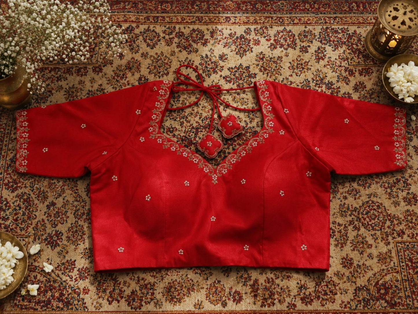 Red Raw Silk Zardozi Embroidered Back Tie-Up Designer Blouse for Wedding & Festive Wear
