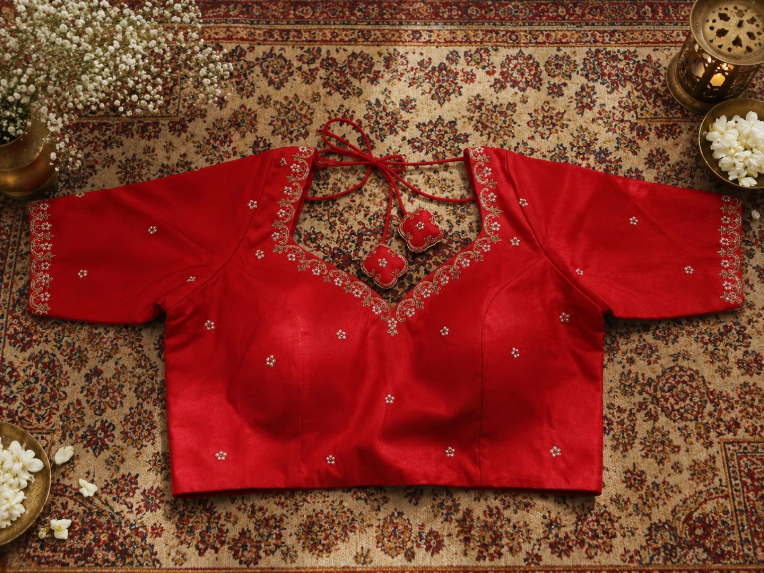 Red Raw Silk Zardozi Embroidered Back Tie-Up Designer Blouse for Wedding & Festive Wear