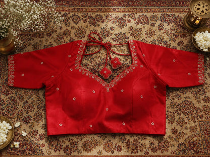 Red Raw Silk Zardozi Embroidered Back Tie-Up Designer Blouse for Wedding & Festive Wear