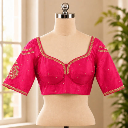 Bridal Sabyasachi Ari Work Rani Pink Blouse with Peacock Embroidery & Sweetheart Neck