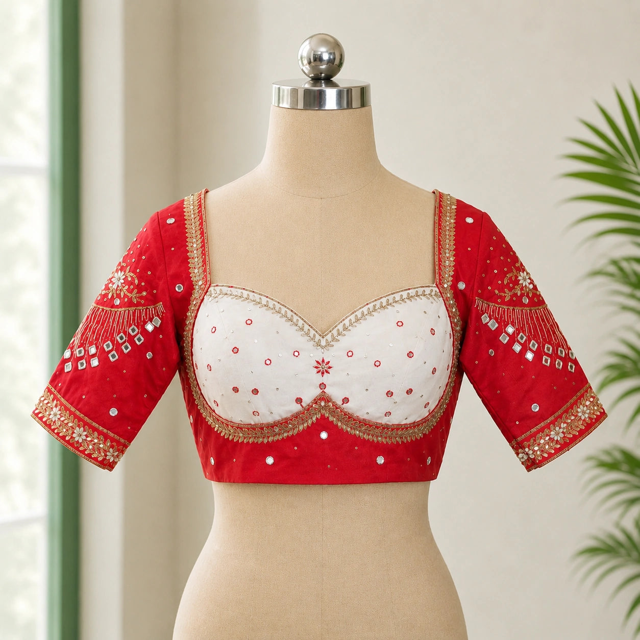 Red Raw Silk Mumtaz Cut Blouse with Ari Work, Mirror Embellishments & Sweetheart Neck