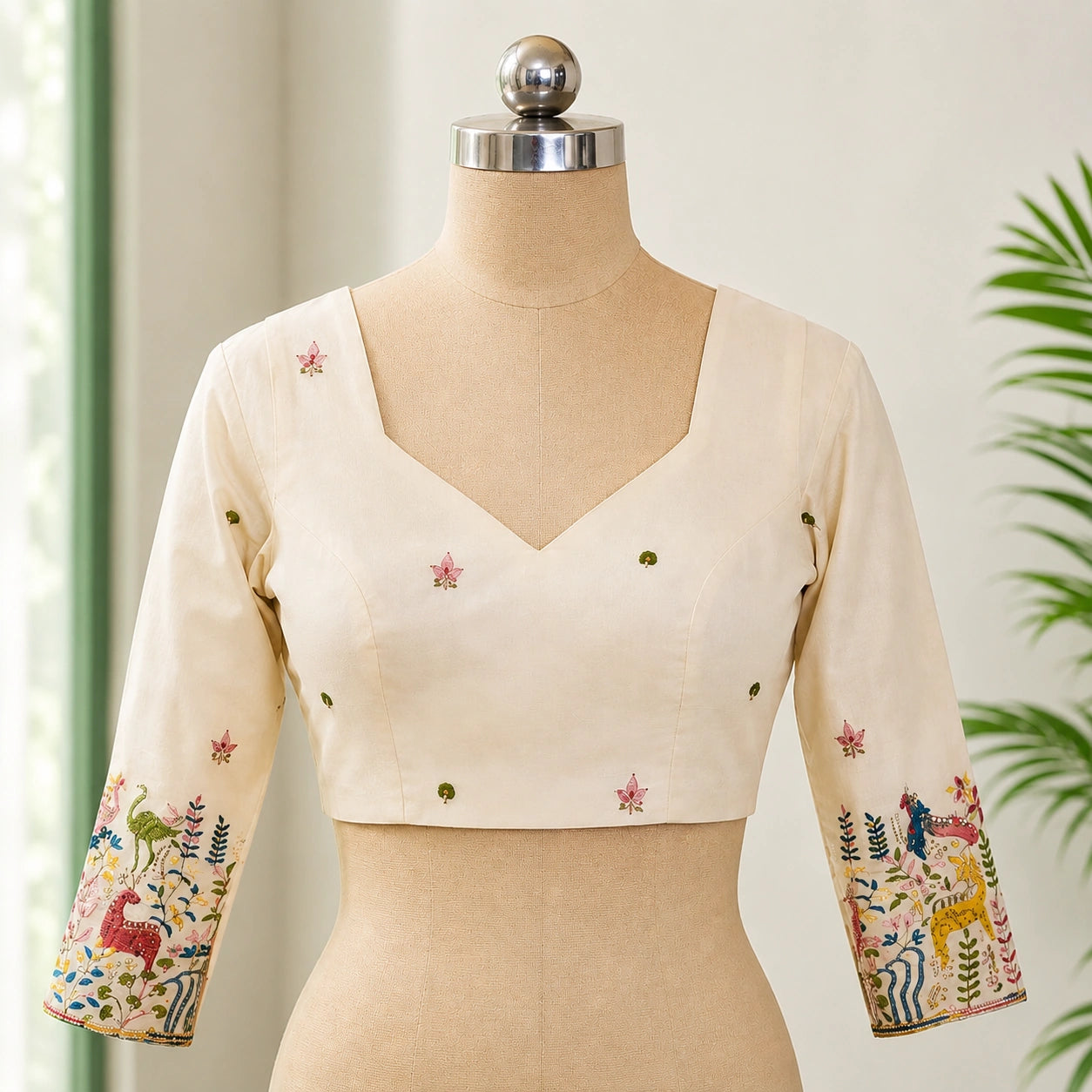 Off White Ramlella Embroidered Full Sleeves Designer Blouse with Folk Art Sleeve Motifs