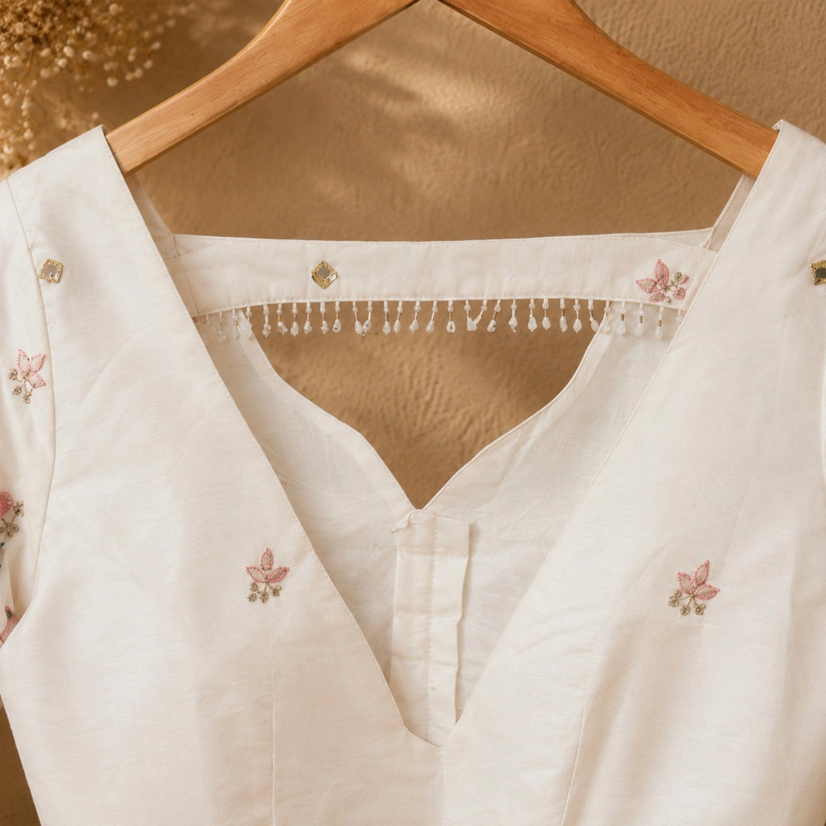 White Cotton Ramlella Floral Printed Sleeve Blouse with V-Neck