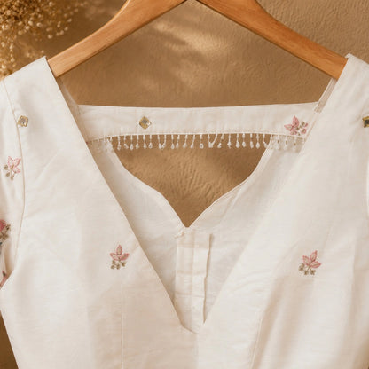 White Cotton Ramlella Floral Printed Sleeve Blouse with V-Neck