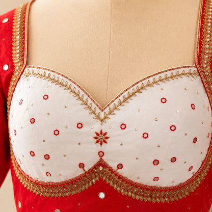 Red Raw Silk Mumtaz Cut Blouse with Ari Work, Mirror Embellishments & Sweetheart Neck
