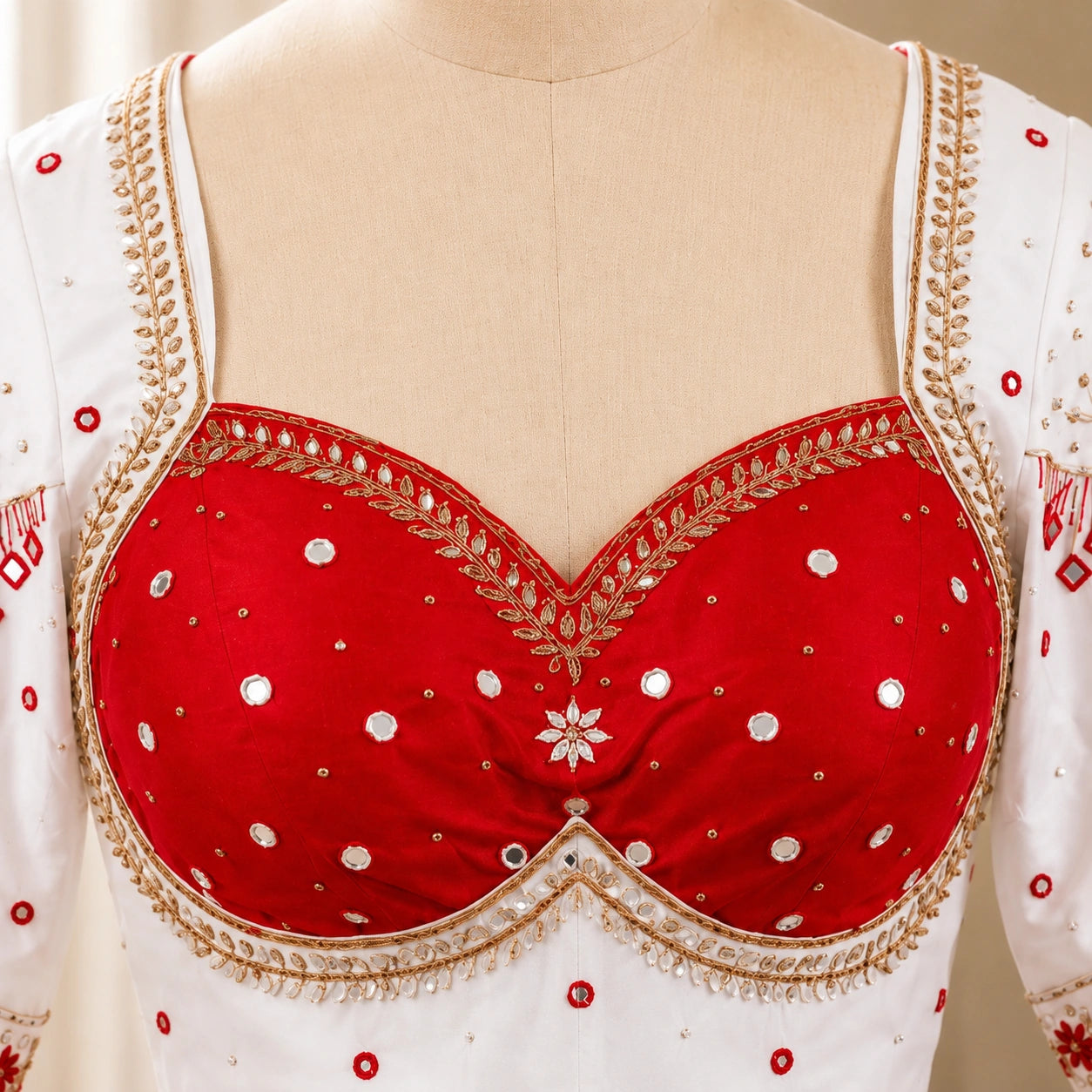 White Raw Silk Mumtaz Cut Ari Work Blouse with Mirror Embellishments & Sweetheart Neck