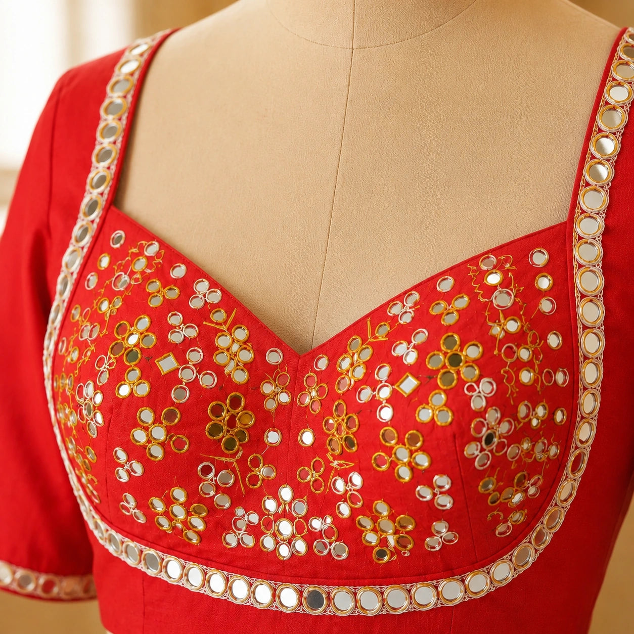Red Pure Cotton Handwork Mirror Work Blouse with Floral Glass Embroidery & Sweetheart Neck