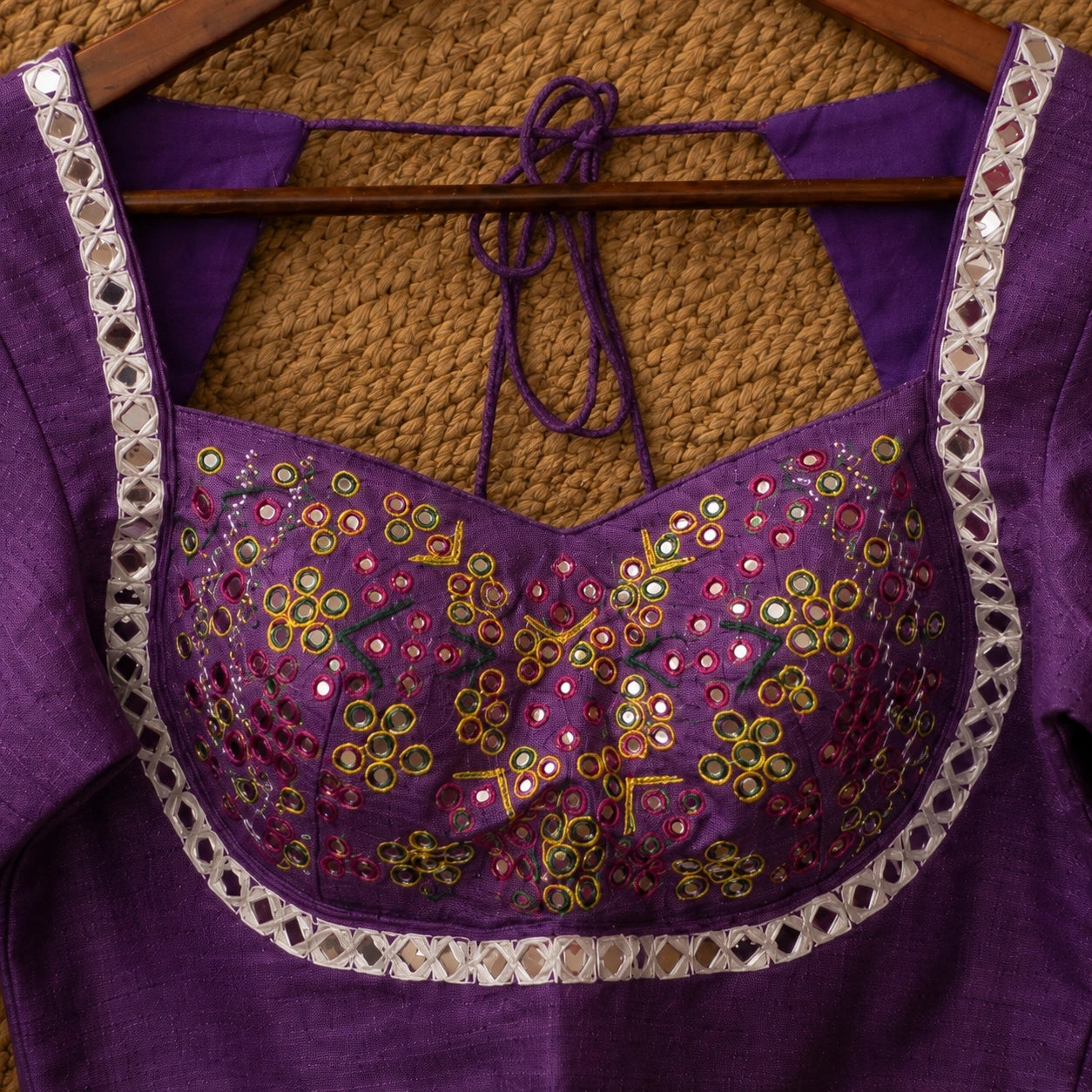 Purple Pure Cotton Handwork Mirror Work Blouse with Glass Embellished Sweetheart Neck