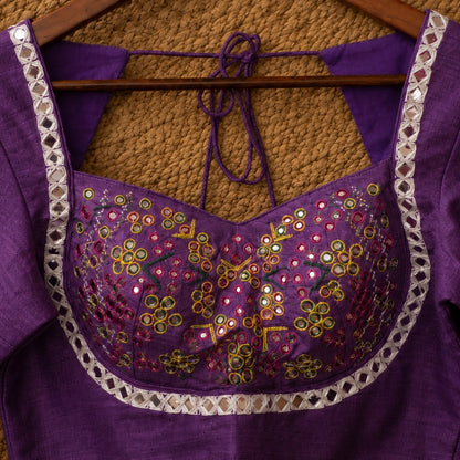 Purple Pure Cotton Handwork Mirror Work Blouse with Glass Embellished Sweetheart Neck