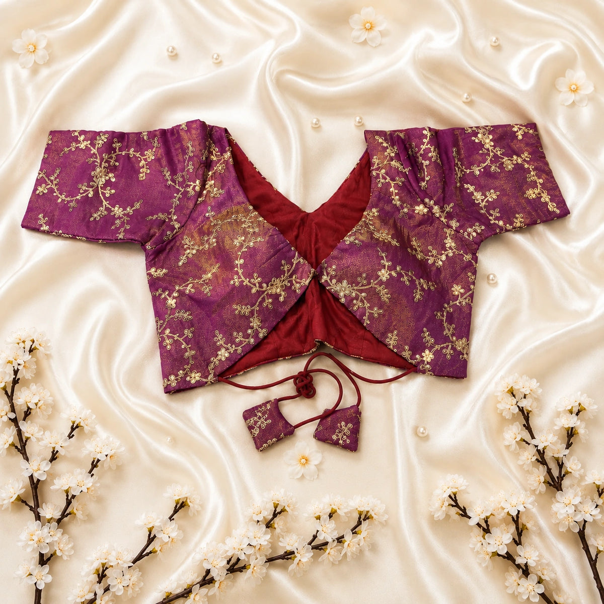 Purple Shimmer Zari Floral Work Backless Blouse for Women Sweetheart Neck Festive Ethnic Wear